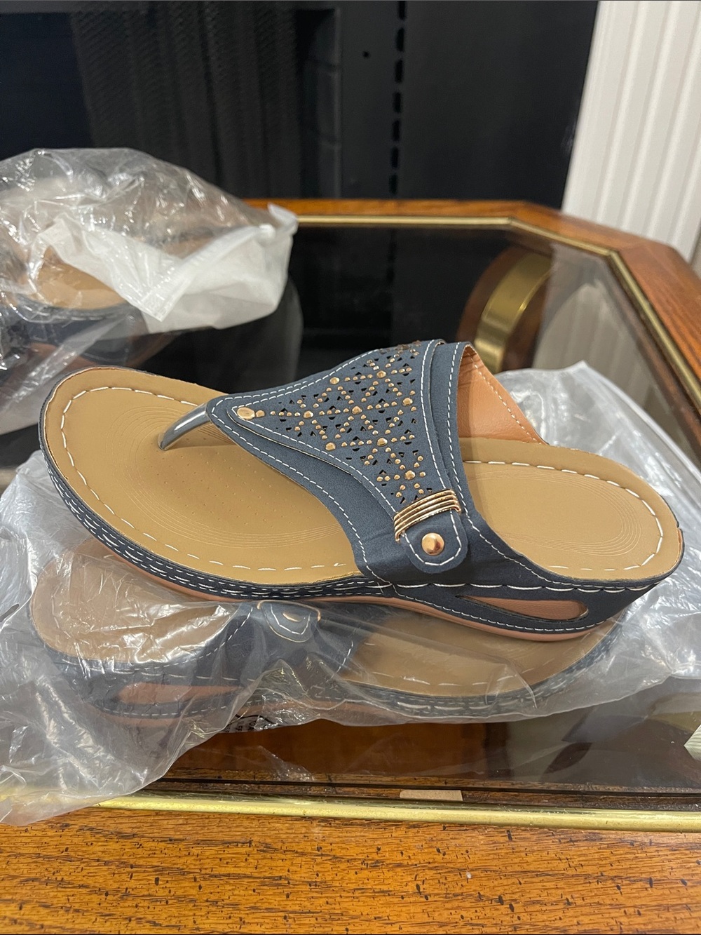 Women's Casual Navy Blue Rhinestone Thong Sandals